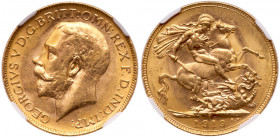 George V (1910-36), Gold Sovereign, 1919 P, Perth Mint. Bare head left, B.M. on truncation for engraver Bertram MacKennal, GEORGIVS V D.G. BRITT: OMN:...