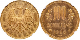 Republic. Gold 100 Schillings, 1928. Imperial Eagle with Austrian shield on breast, holding a hammer and sickle. Reverse ; Value and date flanked by s...