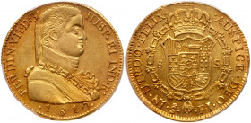 Ferdinand VII (1808-33). Gold 8 Escudos, 1810 FJ, Santiago. Large military bust right, Reverse; crowned arms in order chain, 27.06g (Cal. 115; Fr 28; ...