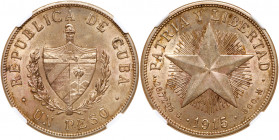 Republic. Silver "Star" Peso, 1915. Philadelphia mint. Low Relief variety. Arms of the Republic. Reverse; Five point star, date below (KM 15.2). Rare ...