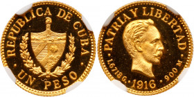 Republic. Gold Proof Peso, 1916. Philadelphia mint. Arms of the Republic. Reverse; Head of Marti right (Fr 7; KM 16). Mintage of only 100 proofs struc...