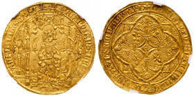 Edward the Black Prince (1362-72). Gold Noble Guyennois &agrave; l'E or Pavillon d'Or, second issue (c.1363-4). Bordeaux Mint, robed Prince standing o...