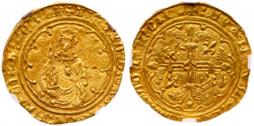 Richard II, as Duke of Aquitaine (1377-90). Gold Hardi d'Or. Bordeaux Mint, variety without REX title, facing half-length standing figure of King, hol...