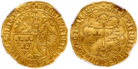 Henry VI, King of France (1422-53). Gold Salut d'Or. Le Mans Mint, initial mark root both sides, Virgin Mary and Angel stand behind shields of France ...