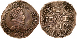 Navarre. Henry III (1572-1589). Silver Franc, 1583. Pau mint. Laureate bust right, title of Henry II. Reverse; Ornate cross, crowned H's in angles (Po...