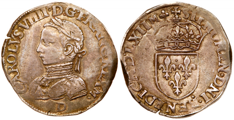 Charles IX (1560-1574). Silver Teston, 1562-D. Lyon mint. Date in Roman numerals...