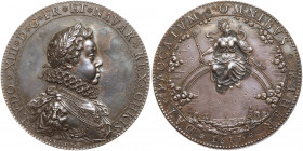 Louis XIII (1610-1643). Silver Medal, 1617. LVDO XIII D G FR ET NAVAR REX CHRIS. Bust right. Reverse; DAT PACCATVM OMNIBVS AETER. Anne of Austria, que...