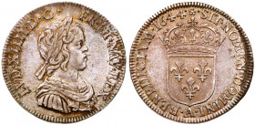 Louis XIV (1643-1715). Silver &frac14; Ecu &agrave; la m&eacute;che courte, 1644-A. Paris mint. Two points. Laureate youthful bust right. Reverse; Cro...