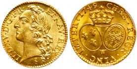 Louis XV (1715-1774). Gold Louis d'Or au bandeau, 1749-W. Lille Mint. Head left with hair ribbon. Reverse; Crown above two oval shields (Fr 464; Gad 3...