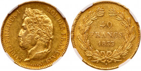 Louis Philippe (1830-1848). Gold 40 Francs, 1833-A. Paris Mint. Laureate head left. Reverse ; Value and date within wreath (Fr 557; KM 747.1). Bold mi...