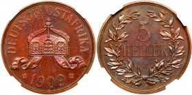 German East Africa. Wilhelm II (1888-1918). Copper Proof 5 Heller, 1909-J. Hamburg Mint. Crown with date below. Reverse; Denomination within a wreath ...