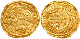 Brandenburg-Ansbach. Friedrich II, Albert, and Christian (1625-1630). Gold Ducat, 1630. Busts of the three brothers facing. Reverse; Oval shield of ma...