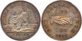 Proof Copper Dollar, 1791. Soho mint. SIERRA LEONE COMPANY above lion, AFRICA below. Reverse; Clasped hands dividing 100/100, date below, ONE DOLLAR P...