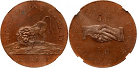 Proof Copper 50 Cents, 1791. Soho mint. SIERRA LEONE COMPANY above lion, AFRICA below. Reverse; Clasped hands dividing 50-50, date below, plain edge (...