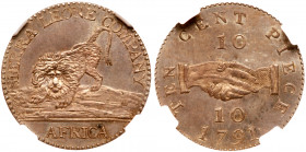 Proof Silver 10 Cents, 1791. Soho mint. SIERRA LEONE COMPANY above lion, AFRICA below. Reverse; Clasped hands, value and date below. Mintage of only 1...