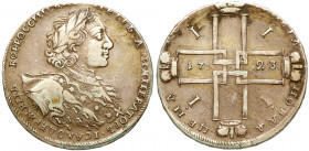 Rouble 1723 OK. Moscow, Red mint. Medium St. Andrew cross on chest. 28.68 gm. Bit 887 (R), Diakov (2012) 1274 (this coin illustrated). Good very fine....