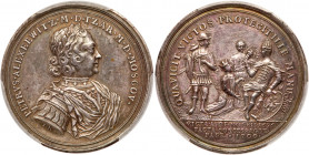 Medal. Silver. 47.3mm. 42.63 gm. Signed I.K. On the Peace of Carlowitz, 1700. Diakov 12.2(R2), Reichel 893 (R2). Laureate, draped and cuirassed bust r...