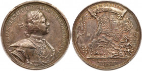 Medal. Silver. 47.8mm. 42.49 gm. By T. Ivanov. Battle near the Pelkine River, 1713. Diakov. 45.5 (R1). Laureate, draped and cuirassed bust right / Top...