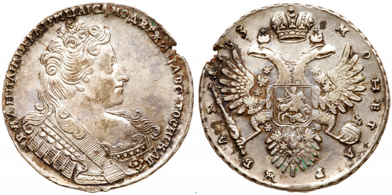Rouble 1733. Moscow, Kadashevsky mint. 25.63 gm. Brooch on bosom. Bit 77 (R1), D...