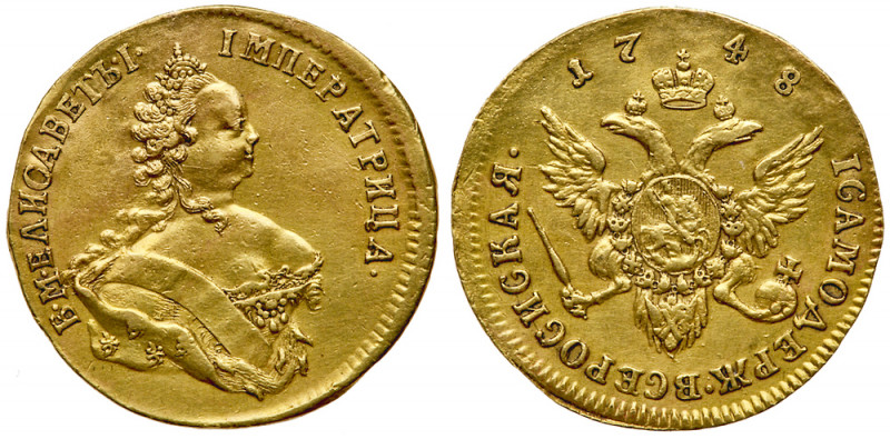 Ducat 1748. GOLD. 3.32 gm. Bit 6 (R1), Petrov (25 Roubl.), Ilyin (20 Roubl.). Re...