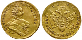 Ducat 1748. GOLD. 3.32 gm. Bit 6 (R1), Petrov (25 Roubl.), Ilyin (20 Roubl.). Reviewed by PCGS and NGC as altered surfaces. Surfaces polished. Sharp e...