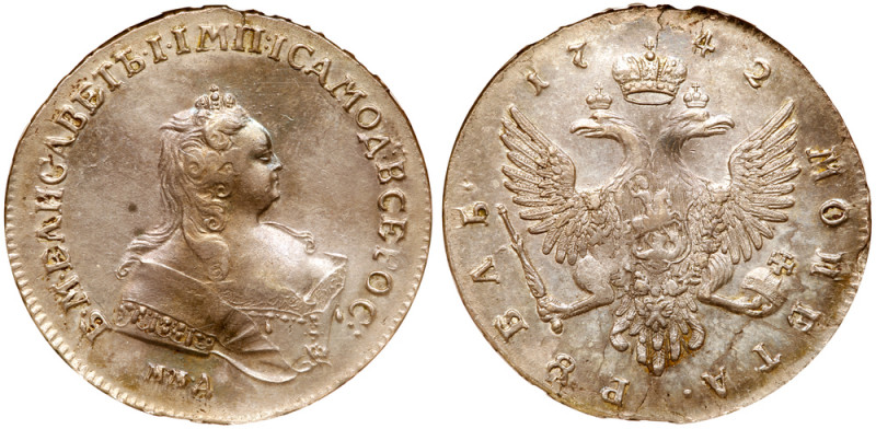 Rouble 1742 MMД Bit 99, Diakov 18. Authenticated and graded by NGC XF 45. Attrac...