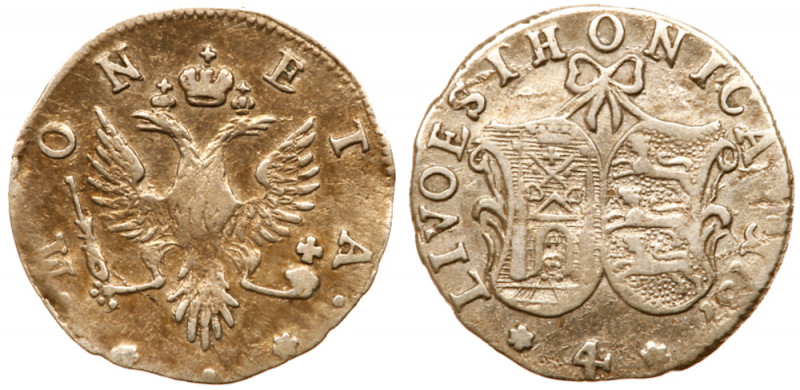 Coinage for Livonia. 4 Kopecks Livonaises 1757. 0.96 gm. Bit 641, Sev 1756 (S). ...