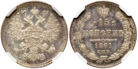 15 Kopecks 1861 CПБ no initials. Struck in France. Bit 290, Julian 334, Sev 3716 (R). Authenticated and graded by NGC MS 63. Pale lavender-gray, bold ...