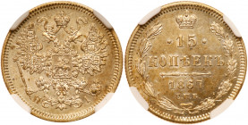 15 Kopecks 1867 CПБ-HI. Bit 235, Sev 3775. Authenticated and graded by NGC MS 63. Crisp strike, bold pearly lustre. Choice brilliant uncirculated. Est...