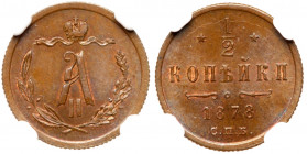 1/2; Kopeck 1878 CПБ Bit 550, B 77. Authenticated and graded by NGC MS 64 BN. Orange-brown, soft iridescent undertone. Very choice brilliant uncircula...