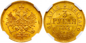 3 Roubles 1885 CПБ-AГ. GOLD. Bit 14 (R), Fr 166, Sev 526. Authenticated and graded by NGC MS 65+. (Cert. 5944342-044). Very choice brilliant uncircula...