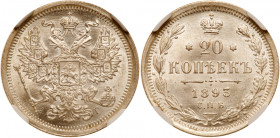 20 Kopecks 1893 CПБ-AГ. Bit 111, Sev 4014. Authenticated and graded by NGC MS 65. Frosted devices in pristine, lustrous fields. Gem brilliant uncircul...