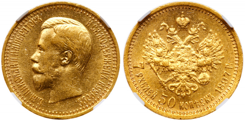 1/2; Roubles 1897 AГ. GOLD. Bit 17, Fr 178, Sev 557. Authenticated and graded by...