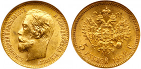 5 Roubles 1902 AP. GOLD. Bit 29, Sev 576. Authenticated and graded by NGC MS 65. Very choice brilliant uncirculated. Estimated Value $250 - UP