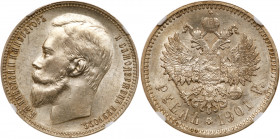 Rouble 1901 ФЗ. Bit 53, Sev 4093 (S). Authenticated and graded by NGC AU 58. Abundant lustre. Choice almost uncirculated. Estimated Value $400 - UP