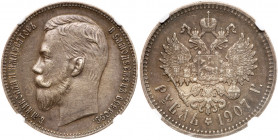 Rouble 1907 ЭБ. Bit 61, Sev 4129 (S). Authenticated by NGC AU 'Details CLEANED'. About uncirculated. Estimated Value $400 - UP