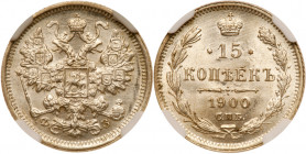 15 Kopecks 1900 CПБ-ФЗ. Bit 125, Sev 4077. Authenticated and graded by NGC MS 66. Bold and lustrous. Superb brilliant uncirculated. Estimated Value $2...