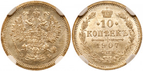 10 Kopecks 1907 CПБ-ЭБ. Bit 159, Sev 4125. Authenticated and graded by NGC MS 65. Satiny. Gem brilliant uncirculated. Estimated Value $250 - UP