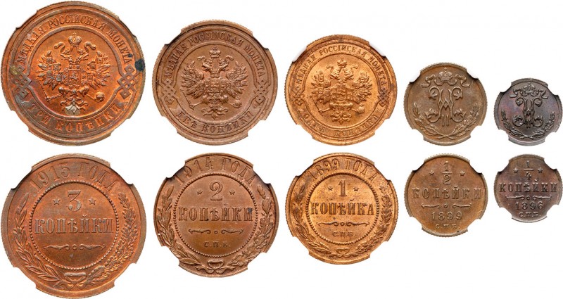 Lot of five AE coins. 3 Kopecks 1915-Bit 228 (MS 63 RB); 2 Kopecks 1914 C??-Bit ...