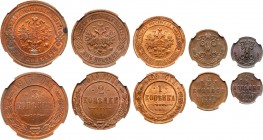 Lot of five AE coins. 3 Kopecks 1915-Bit 228 (MS 63 RB); 2 Kopecks 1914 C??-Bit 244 (MS 64 BN); 1 Kopeck 1899 C??-Bit 304 (MS 63 RB); &frac12; Kopeck ...