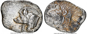 MYSIA. Cyzicus. Ca. 5th century BC. AR hemiobol(?) (10mm, 0.40 gm, 12h). NGC Choice XF 4/5 - 3/5. Forepart of boar left, tunny upward behind / Head of...