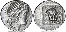 CARIAN ISLANDS. Rhodes. Ca. 188-170 BC. AR drachm (15mm, 12h). NGC Choice XF. Plinthophoric standard, Ainetor, magistrate. Radiate head of Helios righ...
