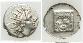 CARIAN ISLANDS. Rhodes. Ca. 88-84 BC. AR drachm (14mm, 2.44 gm, 1h). Choice XF. Plinthophoric standard, Thrasymedes, magistrate. Radiate head of Helio...