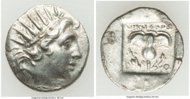 CARIAN ISLANDS. Rhodes. Ca. 88-84 BC. AR drachm (15mm, 2.26 gm, 11h). XF. Plinthophoric standard, Nicephorus, magistrate. Radiate head of Helios right...