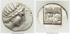 CARIAN ISLANDS. Rhodes. Ca. 88-84 BC. AR drachm (15mm, 2.34 gm, 11h). Choice XF. Plinthophoric standard, Philon, magistrate. Radiate head of Helios ri...