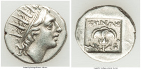 CARIAN ISLANDS. Rhodes. Ca. 88-84 BC. AR drachm (15mm, 2.59 gm, 11h). XF. Plinthophoric standard, Zenon, magistrate. Radiate head of Helios right / ZH...