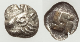 ASIA MINOR (?). Uncertain mint. Ca. 6th century BC. AR hemiobol (7mm, 0.26 gm). Choice VF. Horned animal head (boar or lion?) left / Tetraskelion geom...