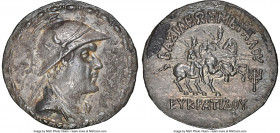 BACTRIAN KINGDOM. Eucratides I the Great (ca. 170-145 BC). AR tetradrachm (33mm, 16.60 gm, 12h). NGC AU 5/5 - 2/5. Draped and cuirassed bust of Eucrat...