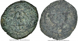 JUDAEA. Herodians. Herod I the Great (40-4 BC). AE prutah (15mm, 3h). NGC VF. Jerusalem. HPw-BACI, anchor / Double cornucopia adorned with ribbons, ca...