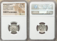 Anonymous. Ca. 211-208 BC. AR victoriatus (18mm, 3.34 gm, 11h). NGC Choice MS 5/5 - 5/5. Rome. Laureate head of Jupiter right; dotted border / ROMA, V...